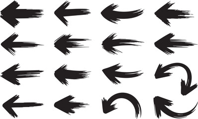 Collection of Hand Drawn Arrows Pointing Left with Brush Stroke Texture in Black Silhouette This image shows collection