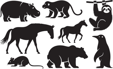 Collection of Diverse Animal Silhouettes Including a Hippo Horse Bear and Sloth on White Background silhouette This image