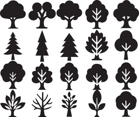 Silhouette Icon Set of Various Trees and Plants for Nature and Eco Design