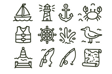 Nautical icons: boat, lighthouse, anchor, crab, fishing