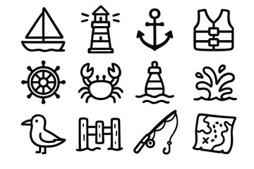 Nautical icons - lighthouse, anchor, crab, sailboat, fishing hook, lifebuoy