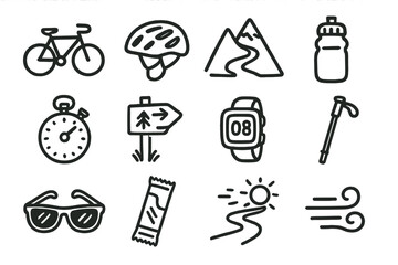 Outdoor adventure icons: bike, helmet, mountains, water bottle, stopwatch