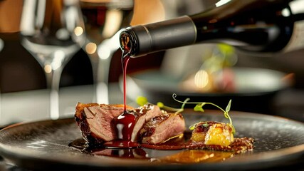 Gourmet dining experience featuring perfectly cooked meat paired with fine wine in an elegant restaurant setting during evening hours
