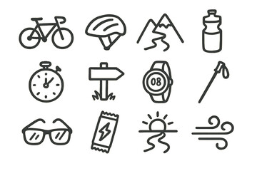 Fototapeta premium Outdoor adventure icons: cycling, hiking, hydration, time, navigation
