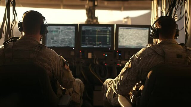 Soldiers in field uniforms lean forward in ergonomic chairs, reviewing logistics movement data on multi-screen setup in mobile command post filled with cables and tactical gear