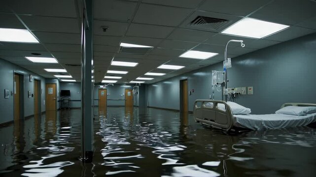 Water floods an empty hospital corridor with closed doors, an unoccupied bed, and an iv drip, creating a haunting and surreal atmosphere of disaster and abandonment