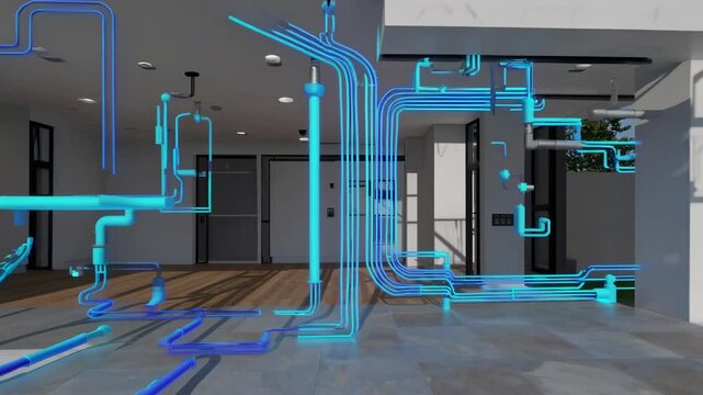 Complex network of pipes and wires forming plumbing and electrical systems are projected on a modern house, showcasing building infrastructure in a futuristic way