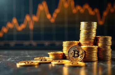 Stacks of Bitcoin coins on table with yield curves chart in background. Cryptocurrency investment concept. Digital money, financial markets, trading crypto. Business chart, financial market. Bitcoin.