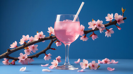 Pink drink in wine glass with cherry blossom branch set against a blue background.
