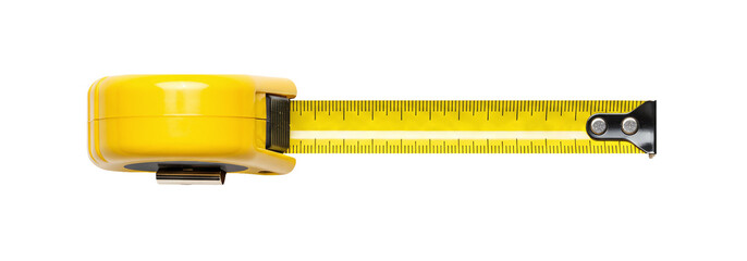 Top-view of yellow measuring tape with metal tip and case isolated on a transparent background, measuring tape png.