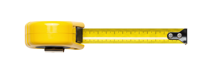 Top-view of yellow measuring tape with metal tip and case isolated on a transparent background, measuring tape png.