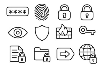 Icons of cybersecurity: lock, shield, firewall, fingerprint, key symbols