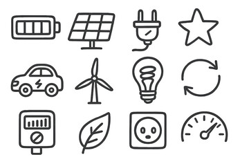Energy icons: battery, solar, plug, star, car, wind, bulb, recycle, meter, leaf