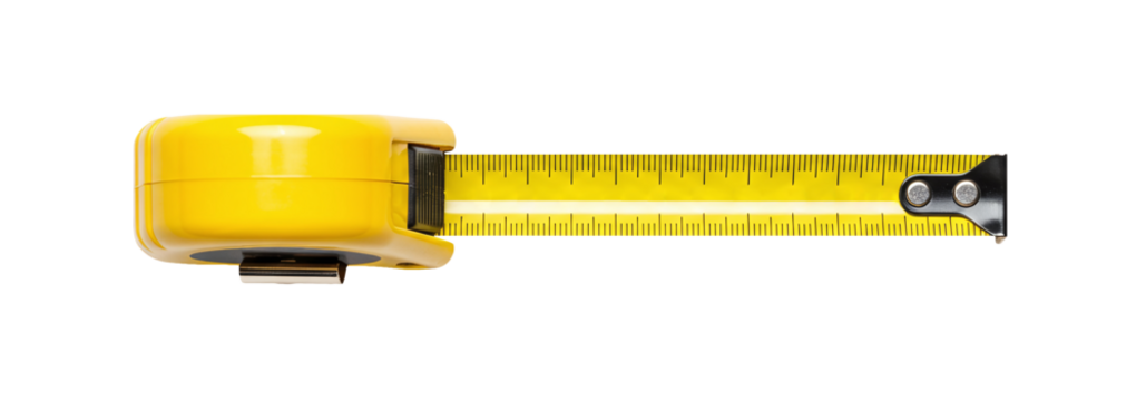 Top-view of yellow measuring tape with metal tip and case isolated on a transparent background, measuring tape png.
