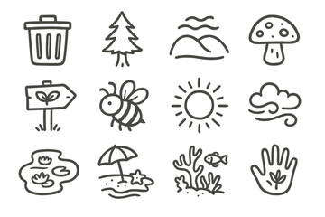 Hand-drawn nature icons: tree, mushroom, bee, sun, cloud, beach, fish