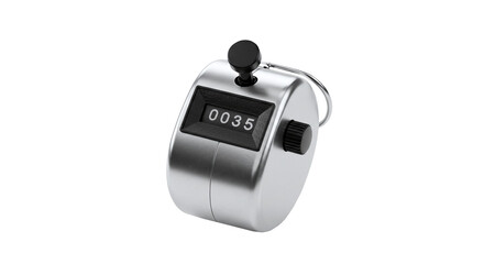 Manual handheld tally counter with metal body and reset knob isolated on a transparent background