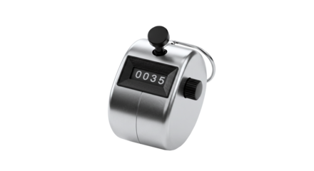 Manual handheld tally counter with metal body and reset knob isolated on a transparent background