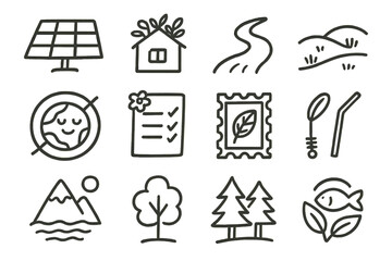 Eco-friendly icons: solar, nature, eco checklist, trees, fish, sustainable living