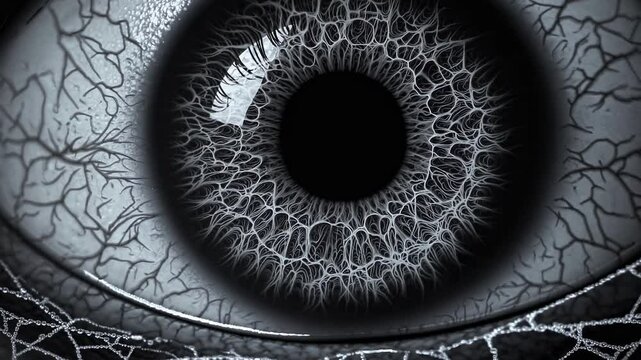 Close-up of a futuristic bionic eye, revealing an intricate network of veins and capillaries, suggesting advanced technological augmentation or a glimpse into the complex biology of the future