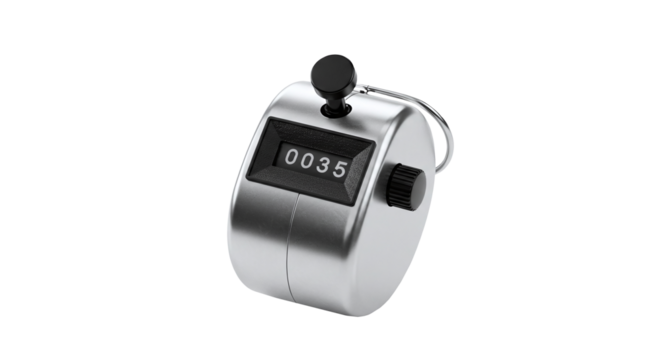 Manual handheld tally counter with metal body and reset knob isolated on a transparent background