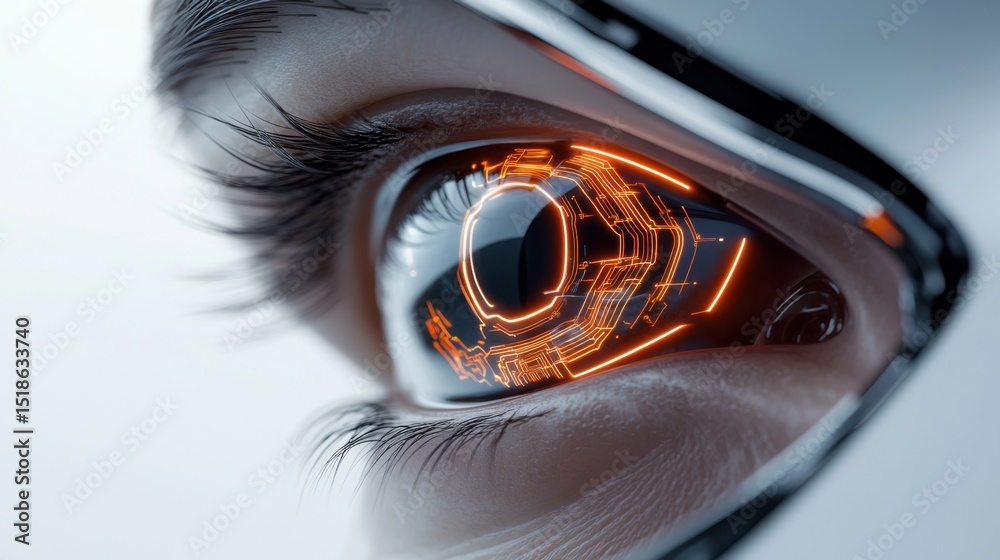 Poster a close-up view of a robotic eye features glowing circuitry patterns and high-tech details, highligh