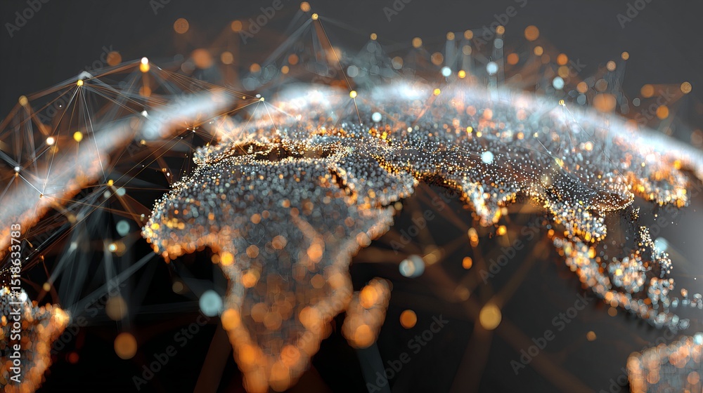 Poster global network connections digital world map abstract sparkling orange and gray technology backgroun