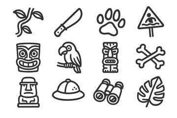 Tropical adventure icons: jungle, safari, and tiki symbol collection
