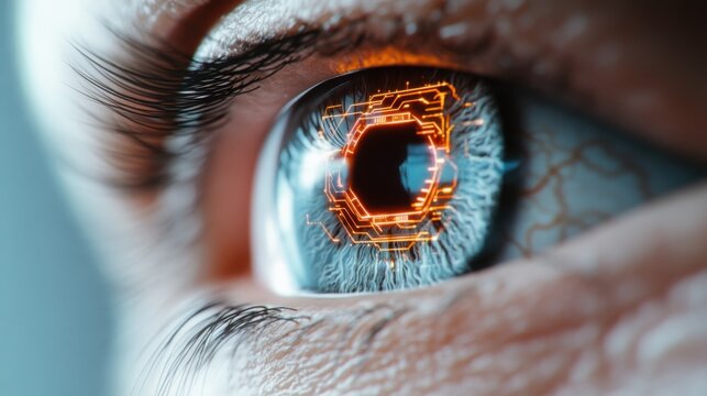 A close-up view reveals a human eye featuring a vibrant digital circuit design within the iris, highlighting the fusion of biology and advanced technology in a visually striking manner.