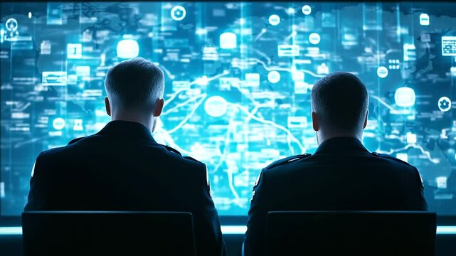 Two military officers seated in front of massive digital display wall with animated icons representing critical supply depots and movement updates