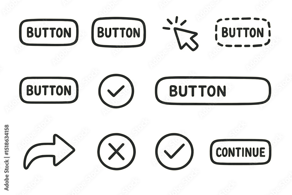 Poster hand-drawn button icons: design elements for web and app interfaces