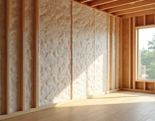 New home construction thermal insulation. Spray foam applied to walls for energy-efficient building. Sustainable building material, modern architecture, energy saving concept. Eco-friendly house