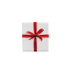 White gift box tied with red ribbon isolate on white background