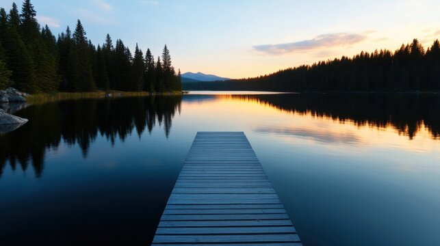 A wooden dock stretches over a calm lake during sunrise. The still water mirrors the vibrant colors of the sky while evergreen trees create a peaceful backdrop against distant mountains.