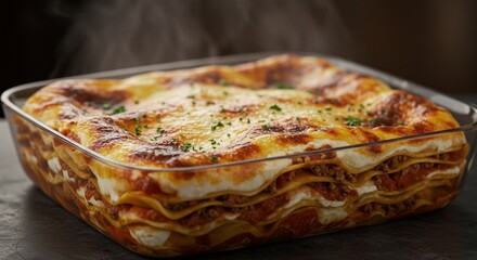 Delicious homemade lasagna in glass dish ready to eat red hot food meat meal oven warm pasta sauce