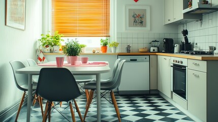 Fototapeta premium A well-lit, modern kitchen with a stylish dining area.