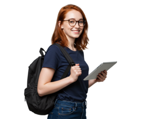 Young Woman Student with Tablet and Backpack Smiling