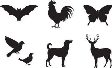 Collection of Animal Silhouettes Including a Bat Rooster Butterfly Birds Dog and Deer silhouette This image showcases collection