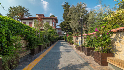 Street of old traditional turkish houses of Antalya city timelapse hyperlapse. Turkey