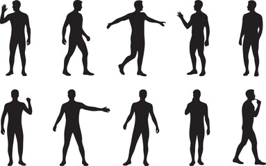 Diverse Poses of Male Figures in Black Silhouette on White Background Demonstrating Various Actions and Expressions silhouette This