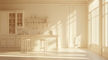 Sunny, light-filled, elegant kitchen interior design.