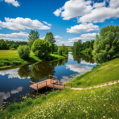 Scenic Riverside Landscape with Wooden Dock and Wildflowers