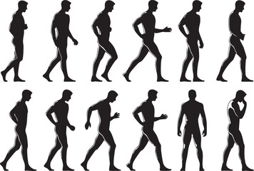 Progression of a Man Walking and Running in Different Poses with White Outline Silhouette This image shows series
