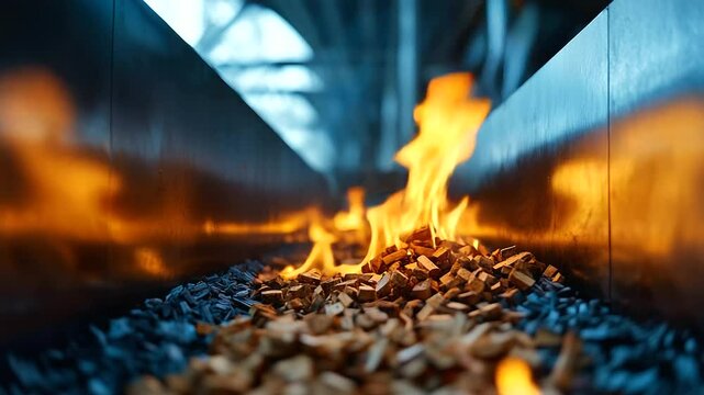 Inside a biomass combustion chamber, heat radiates from burning wood chips, while steel walls reflect flickering flames
