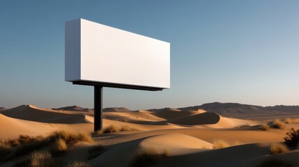 A large, empty billboard stands in the middle of a vast desert, surrounded by soft sand dunes under a clear blue sky during sunset. The scene evokes solitude and desolation.