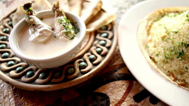 Creamy White Soup with Bread and Rice Garnish