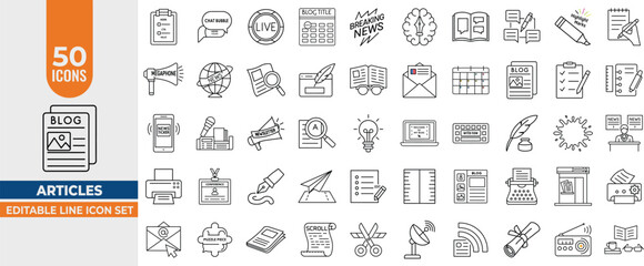 50 Editable Line Icons for Articles, Blogging, News, Copywriting & Journalism – Vector Icon Set with Editable Stroke