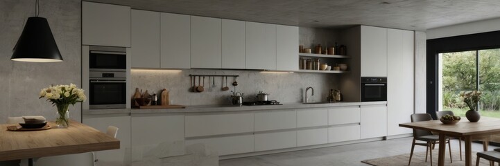 Fototapeta premium Modern light-gray kitchen with open view