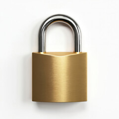 Fototapeta premium Padlock isolated on white background. Gold lock with chrome steel shackle. Concept of protection, security, privacy, safety. Closed access, data protection, encryption, safeguard of information.