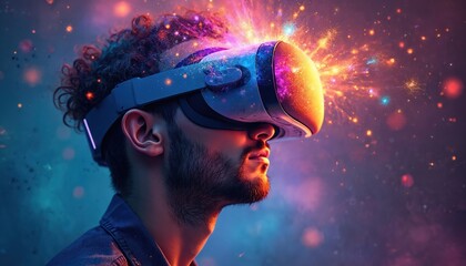 Man wearing VR headset immersed in vibrant virtual reality experience. Abstract explosion shapes particles emanate from device. Colorful futuristic digital tech, cyberspace, immersive entertainment.