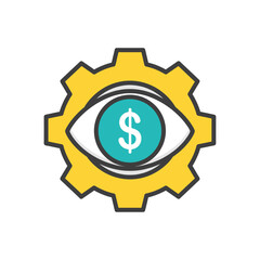 Finance Automation Icon: Gear with Eye and Dollar Sign Pupil